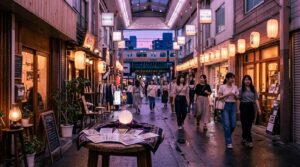 高円寺駅（JR中央線・総武線）周辺の占い館を紹介するメインビジュアル。夕暮れの商店街とタロットカード
