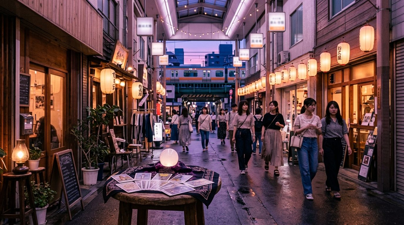 高円寺駅（JR中央線・総武線）周辺の占い館を紹介するメインビジュアル。夕暮れの商店街とタロットカード